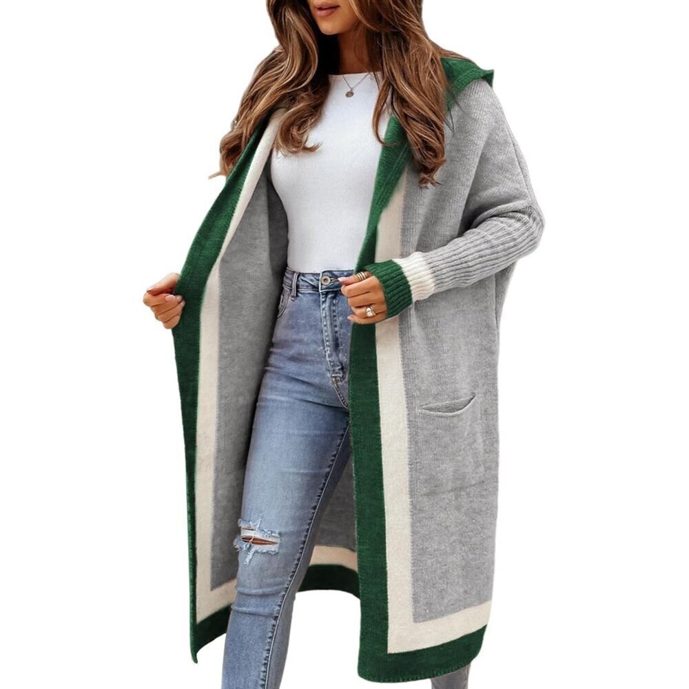 Women's Cable Knit Color Block Long Cardigan Hooded Oversized Sweater Outwear